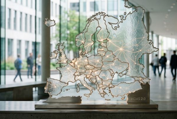 Glasfigur welche Europa Länder darstellt, unten rechts steht eIDAS 2.0 , die Figur steht in einem Bürogebäude