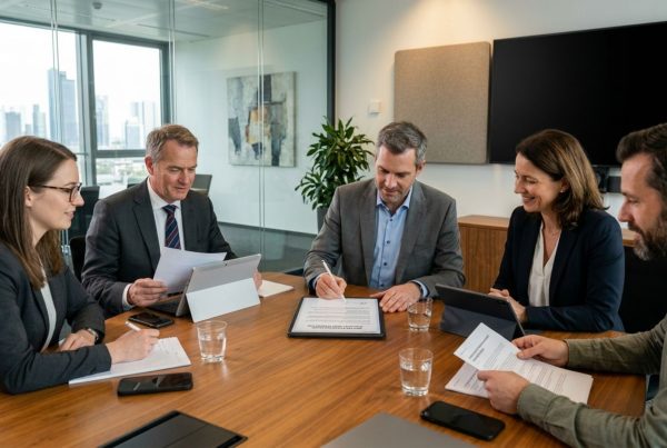 Business Menschen sitzen ein einem Büro, ein Mann unterschreibt auf einem iPad mit einer rechtsgültigen Unterschrift digital