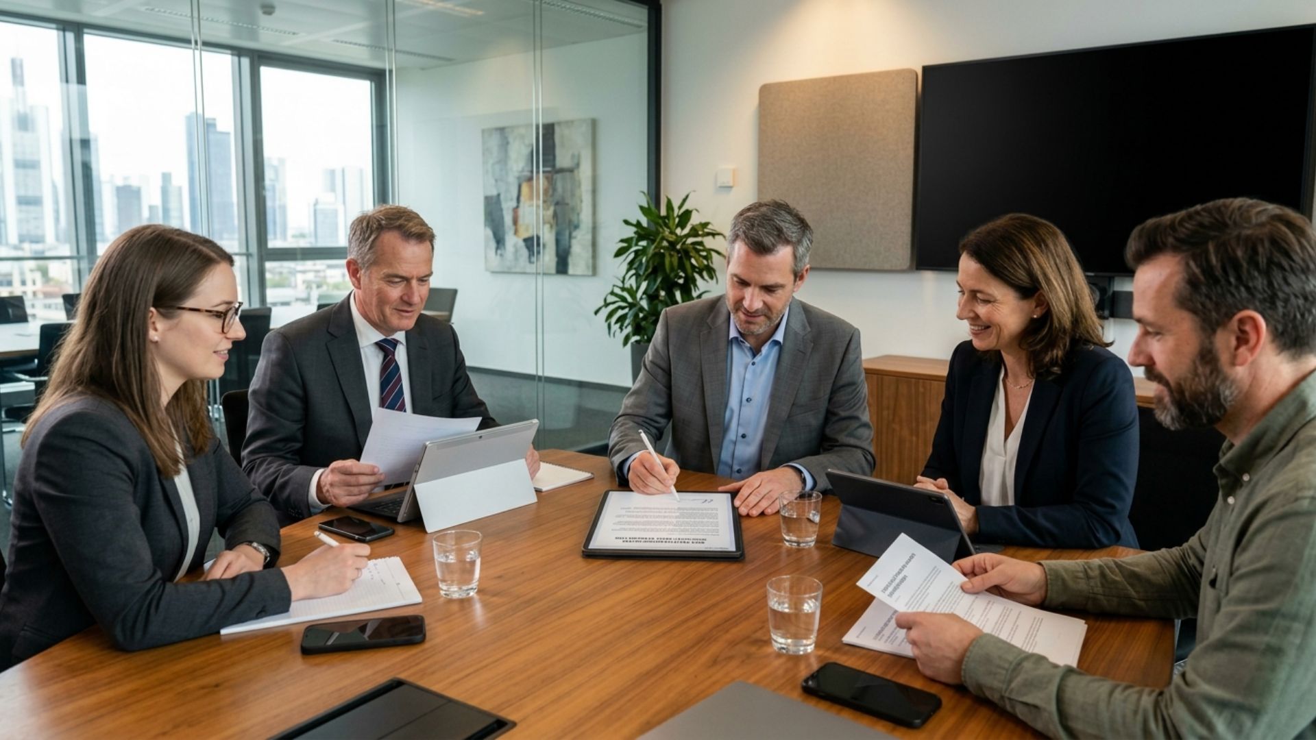 Business Menschen sitzen ein einem Büro, ein Mann unterschreibt auf einem iPad mit einer rechtsgültigen Unterschrift digital