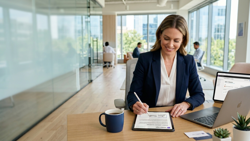 Lächelnde Frau am Schreibtisch, unterschreibt mit einem Stift auf einem iPad nachdem sie einen anbieter qualifizierte elektronische signaturen gefunden hat